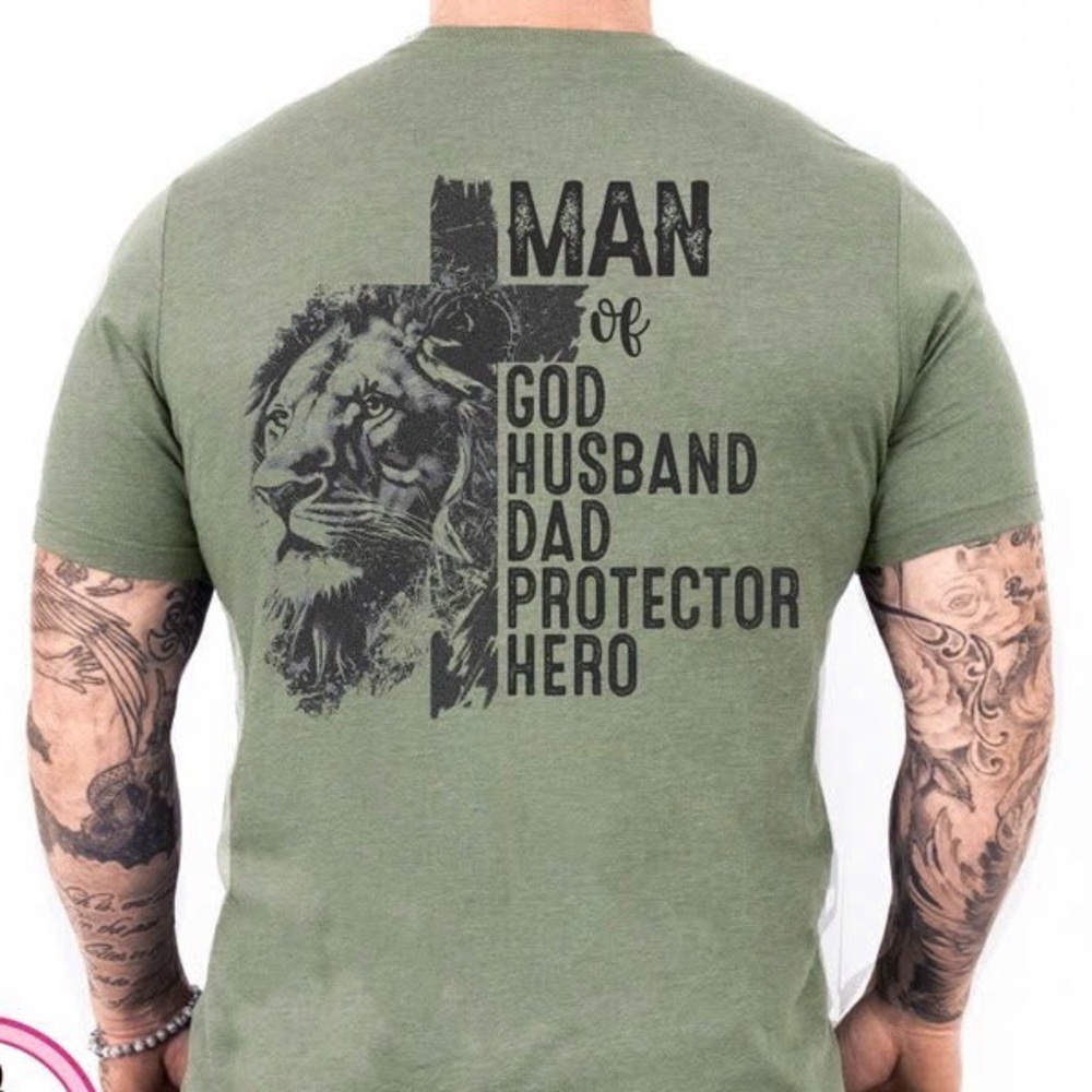 Man off God Tshirt, Christian dad Lion shirt, Religious Father Day Graphic tee